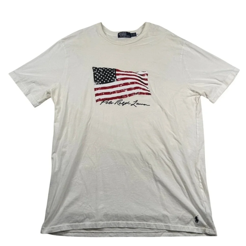 Polo Ralph Lauren Shirt Mens XLT Tall American Flag Graphic White Cotton Stained